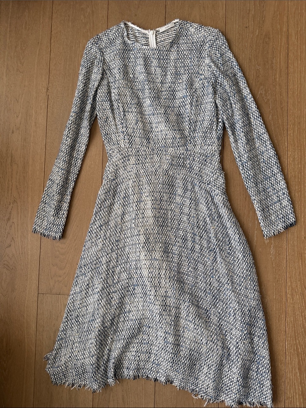 Tome NYC Long-Sleeve Tweed Fit-and-Flare Dress in Light Gray and Blue